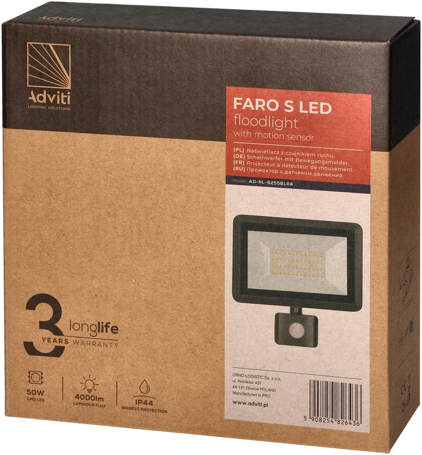Orno FARO S LED prožektorius su PIR 50W, 4000lm, IP44, 4000K, aliuminis + stiklas