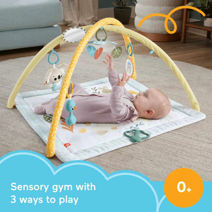 Mattel Fisher-Price Simply Senses naujagimio mankštos kilimėlis su 6 sensoriniais žaisliukais