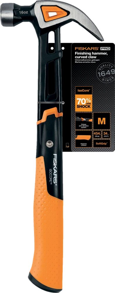 Fiskars IsoCore Apdailos plaktukas, lenkta galva M, 16oz ,1027202