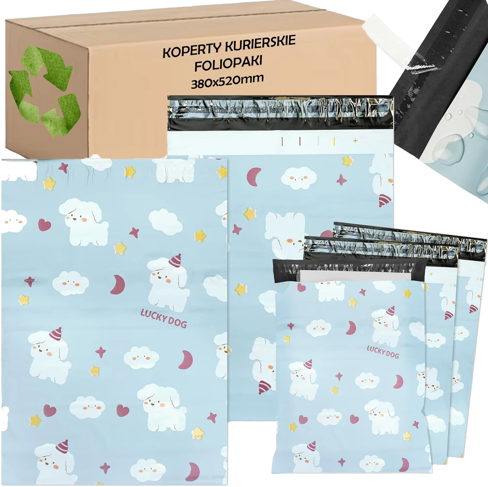 Foliopaki KURJERIO FOLIJOS PAKUOTĖS STIPRŪS VOKAI 380X520 LUCKY DOG 50 vnt.