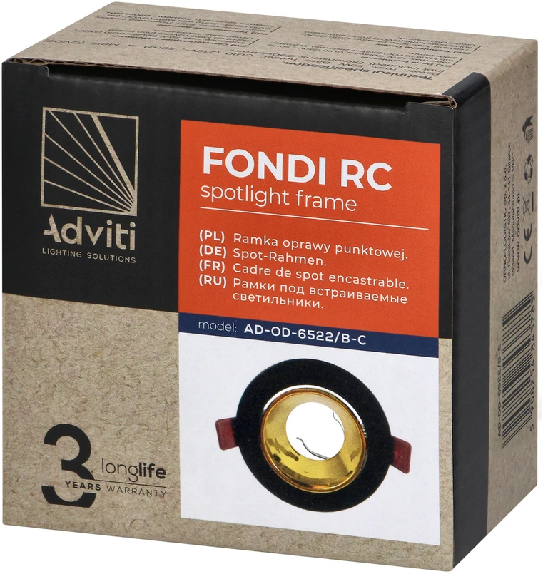 Orno FONDI RC dekoratyvinis prožektoriaus rėmelis, MR16/GU10, maks. 50 W, apvalus, fiksuotas, aliuminio, juodos ir auksinės spalvos