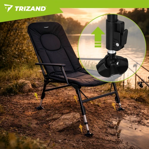 Trizand reguliuojama sulankstoma žvejybos kėdė su porankiais ir atlošu, juoda