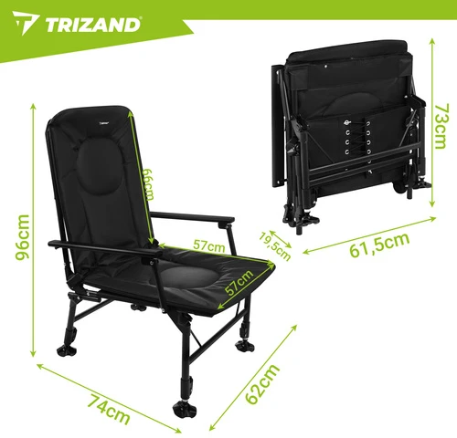 Trizand reguliuojama sulankstoma žvejybos kėdė su porankiais ir atlošu, juoda