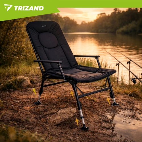 Trizand reguliuojama sulankstoma žvejybos kėdė su porankiais ir atlošu, juoda