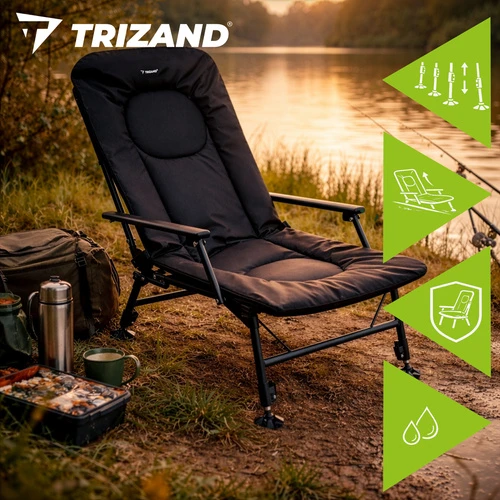 Trizand reguliuojama sulankstoma žvejybos kėdė su porankiais ir atlošu, juoda