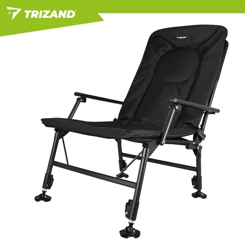 Trizand reguliuojama sulankstoma žvejybos kėdė su porankiais ir atlošu, juoda