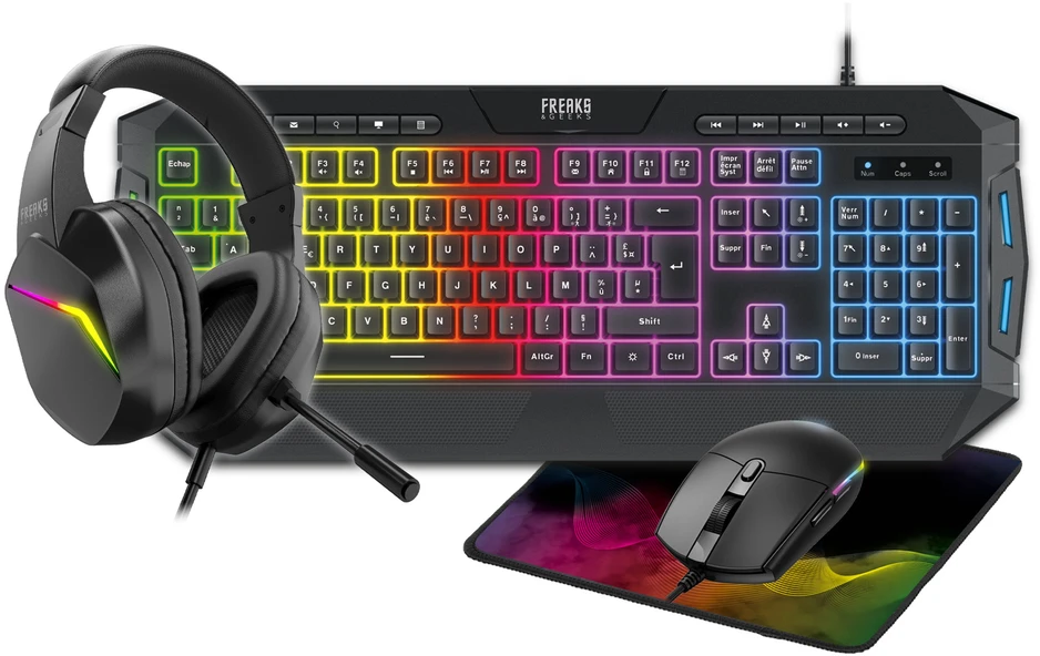 Freaks And Geeks - 4 in 1 Pack QWERTZ Keyboard+Mouse+Mousepad+Ausinės (RGB)