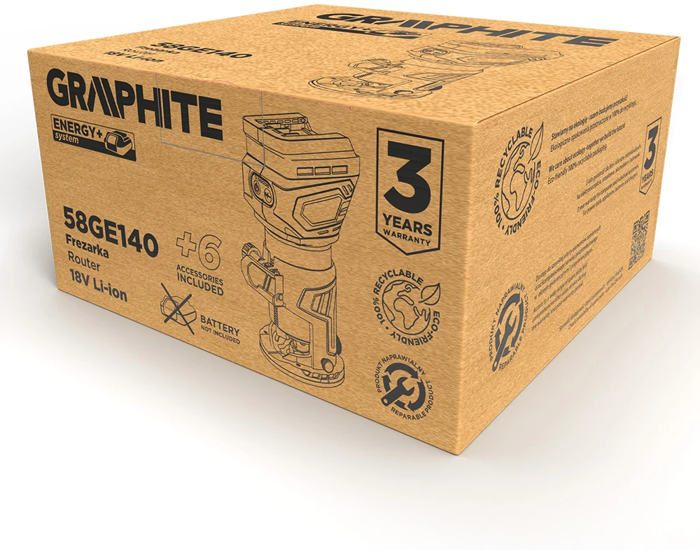 Graphite Frezarka „Energy+“ 18 V bešepetėlinis akumuliatorinis frezavimo staklės