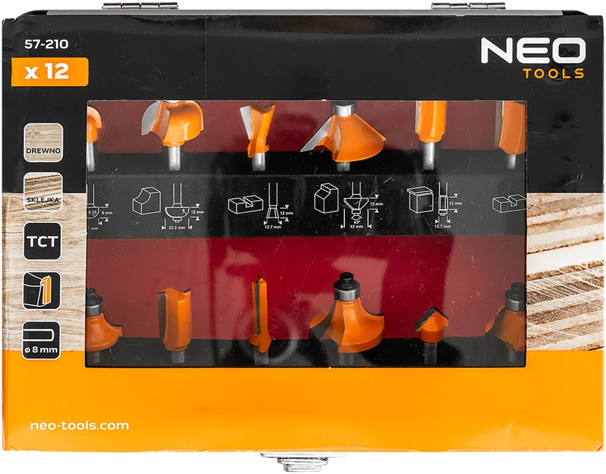 Neo Tools Frezy HM karbido pjaustytuvai, 8 mm kotas, 12 vienetų rinkinys.