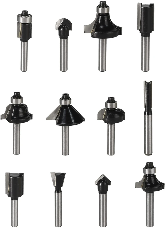 Frezy Karbamido medienos pjovimo antgaliai, 6 mm kotas, 12 vnt. rinkinys.