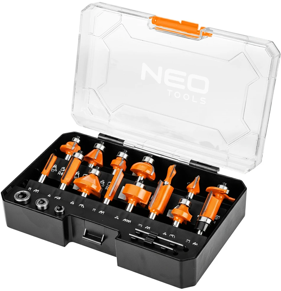 Neo Tools Frezy Karbido pjovimo antgaliai, 8 mm kotas, 15 vnt. rinkinys