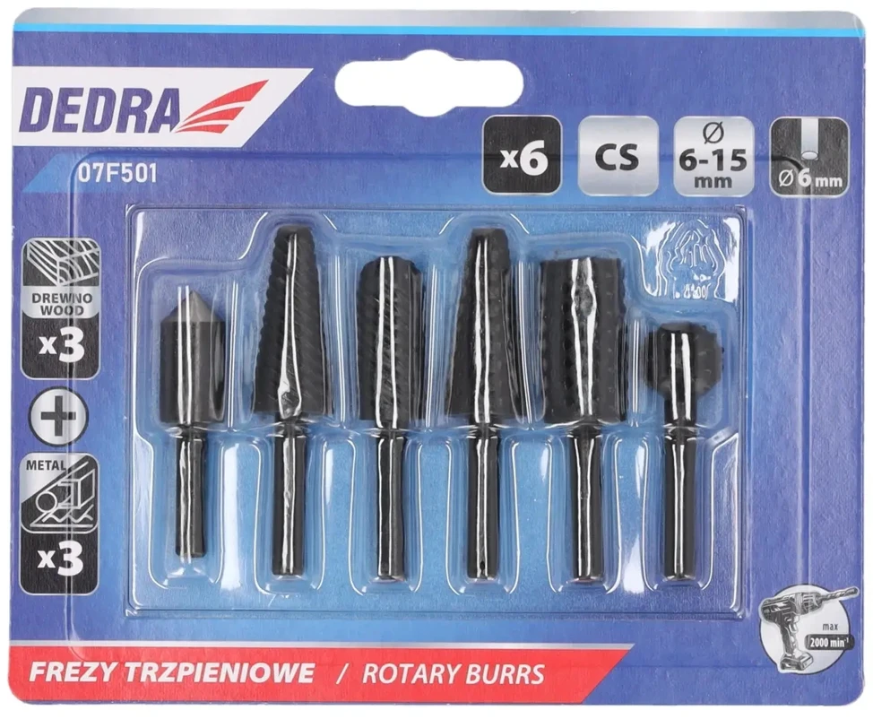 Dedra Frezy Metalo ir medžio pjaustyklės su kotu, 6 dalių rinkinys, 6 mm kotas