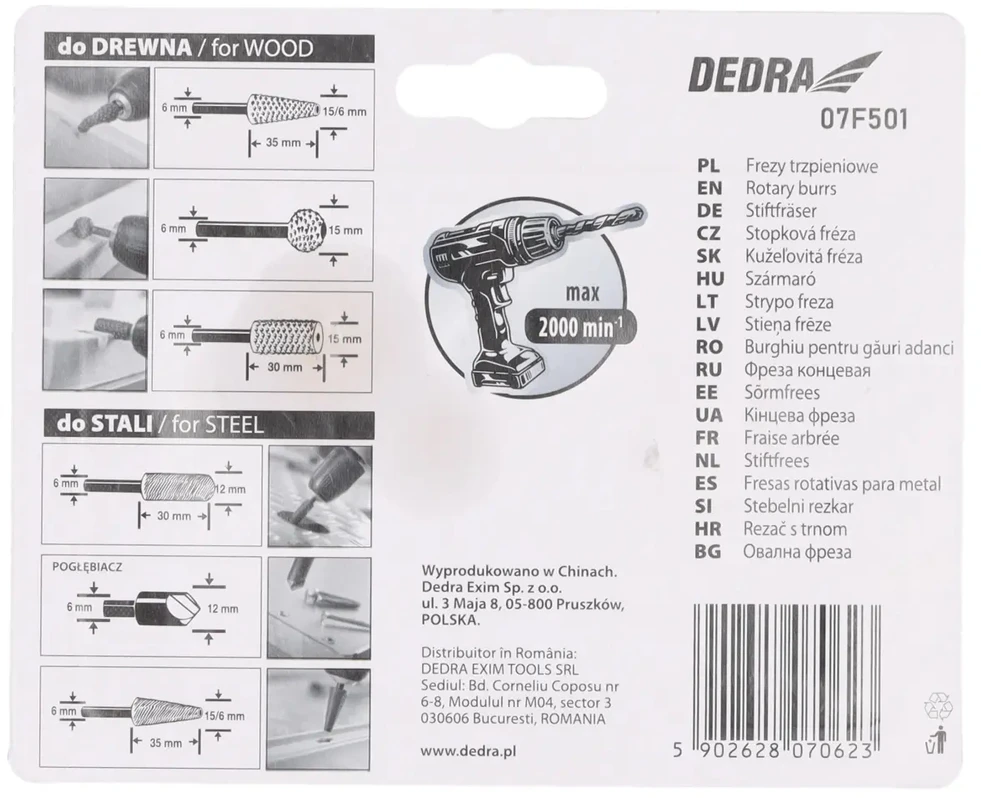 Dedra Frezy Metalo ir medžio pjaustyklės su kotu, 6 dalių rinkinys, 6 mm kotas