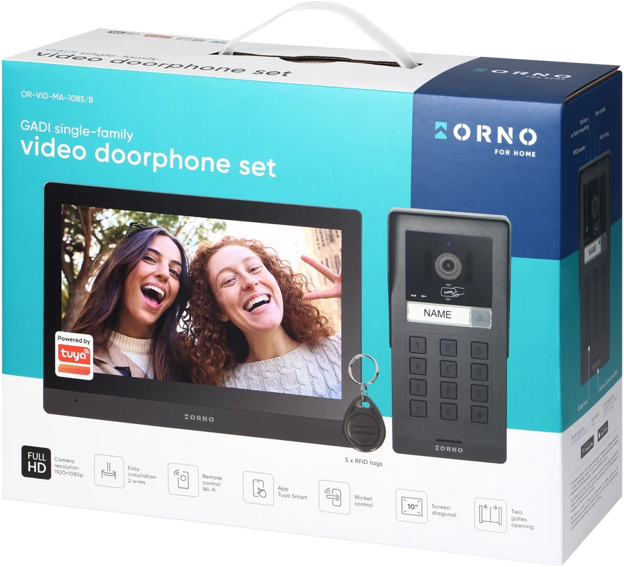 Orno GADI, vienos šeimos vaizdo domofono komplektas, 2 laidų, 10 colių, Wi-Fi, lietimui jautrus ekranas, „Full HD“, RFID, šifravimo įrenginys
