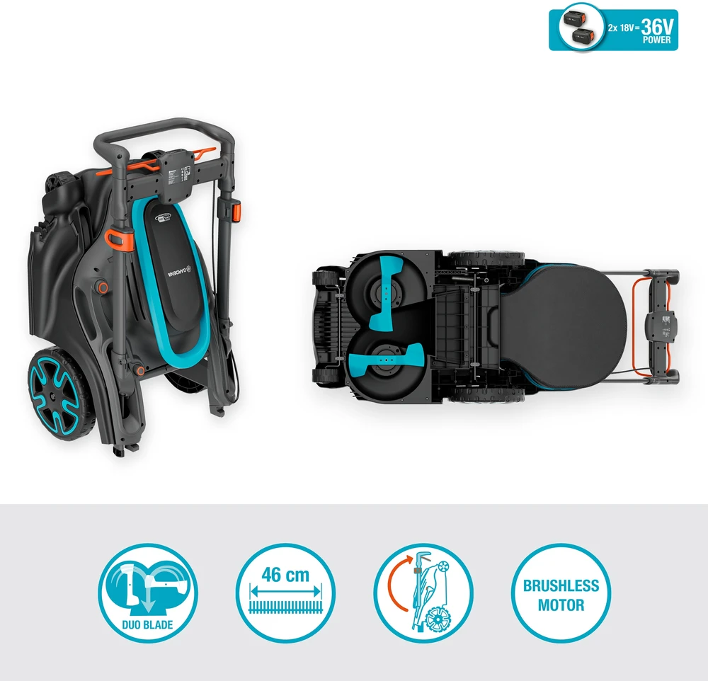Gardena PowerMax Duo 46/36V Dual-Blade akumuliatorinės vejapjovės komplektas su P4A baterija