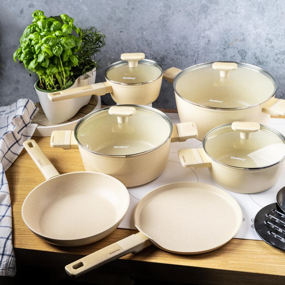 Puodai komplekte, 12 dalių, su nepridegančia danga, smėlio sp., klausberg, kb-7833