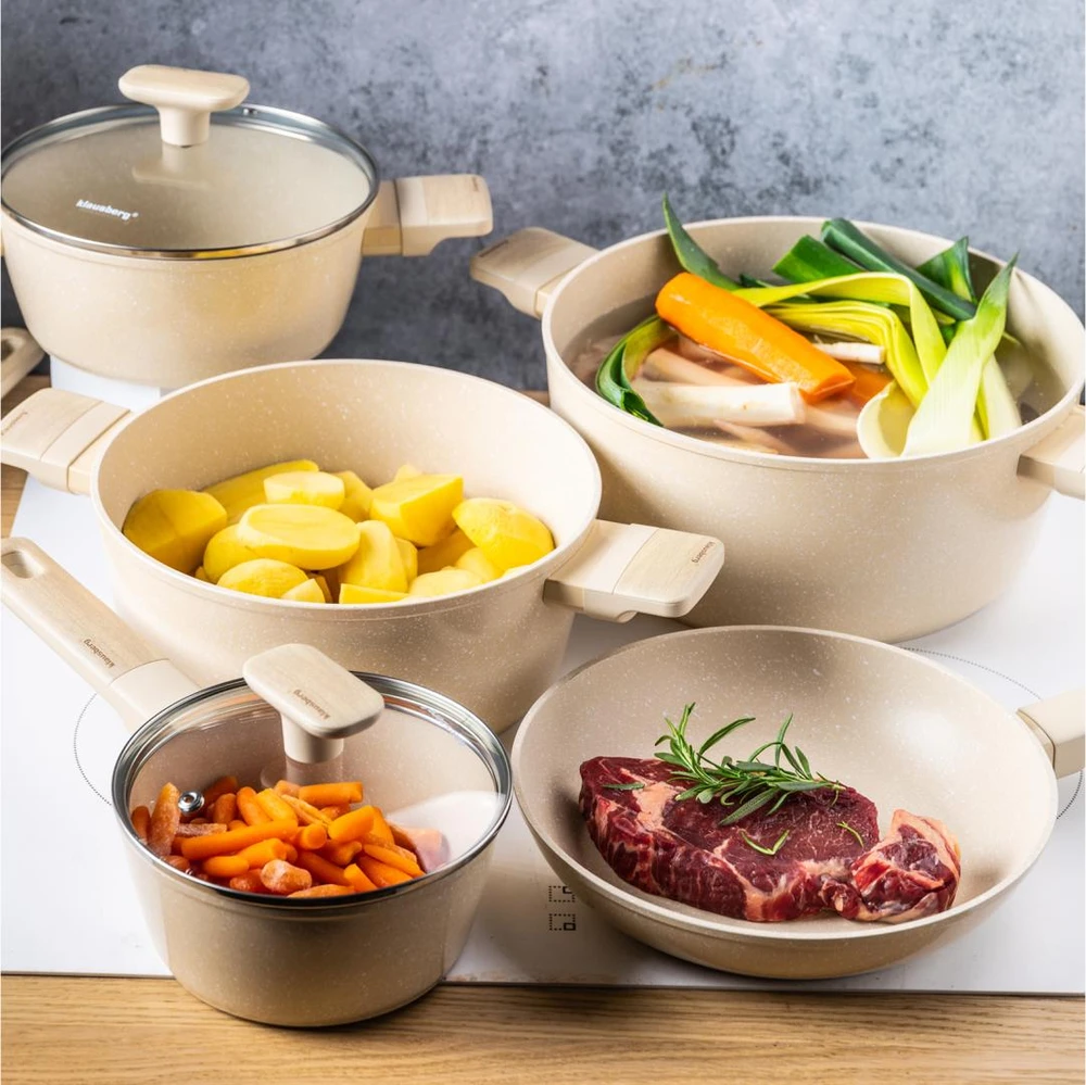 Puodai komplekte, 12 dalių, su nepridegančia danga, smėlio sp., klausberg, kb-7833