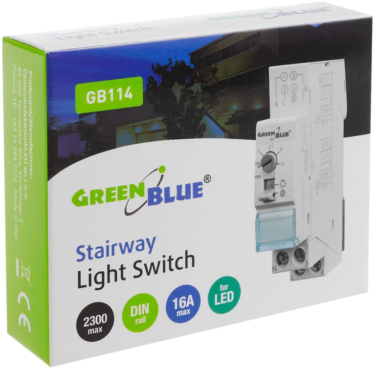 GreenBlue GB114 45780 Automatinis laiptinės apšvietimas DIN bėgeliui, reguliuojamas 30 s–10 m, maks. 2300 W