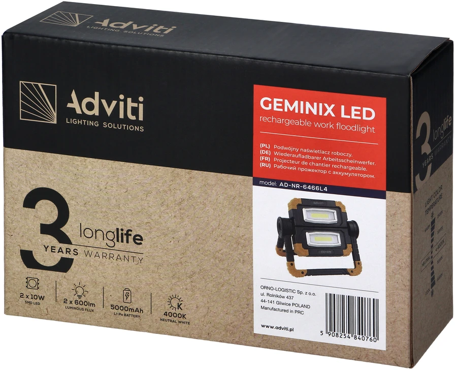 Orno GEMINIX LED 2x10W, nešiojamas darbinis žibintas su baterija, 1200lm, IP44, 4000K, 5000mAh