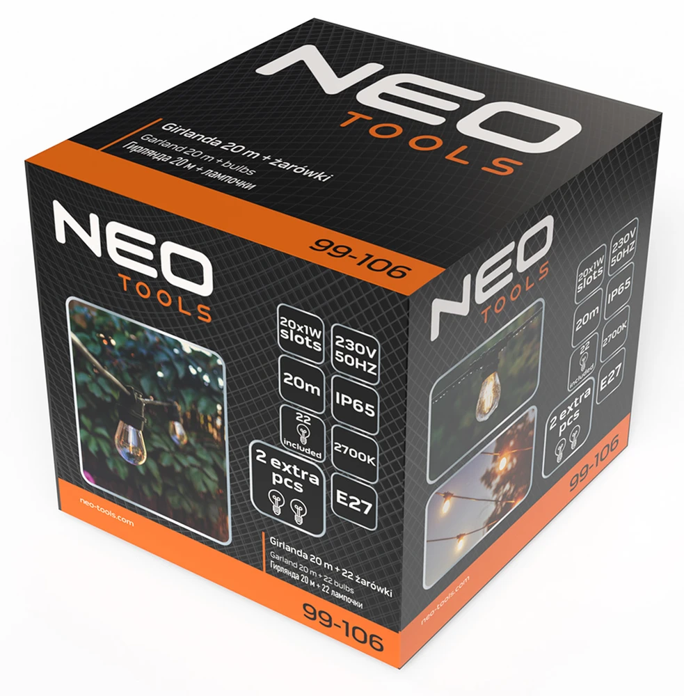 Pakabinamas šviestuvas Girlianda NEO TOOLS 99-106 20m 22 kaitinamosios lemputės