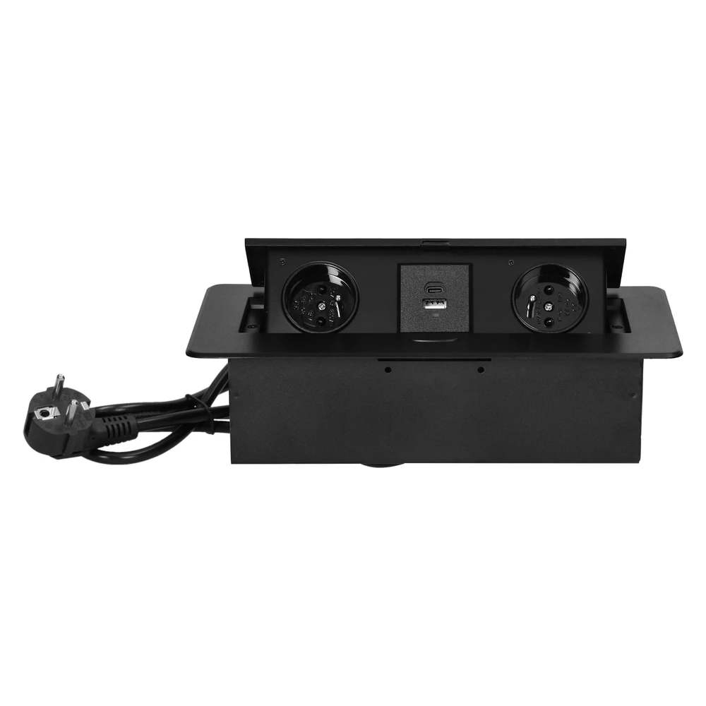 Orno Gniazda Baldų lizdai, įleidžiami į stalviršį, su plokščiu frezuotu kraštu, USB įkrovikliu ir 1,5 m laidu, 2x2P+Z, 2xUSB (A+C tipo; 3,6A), juodos spalvos