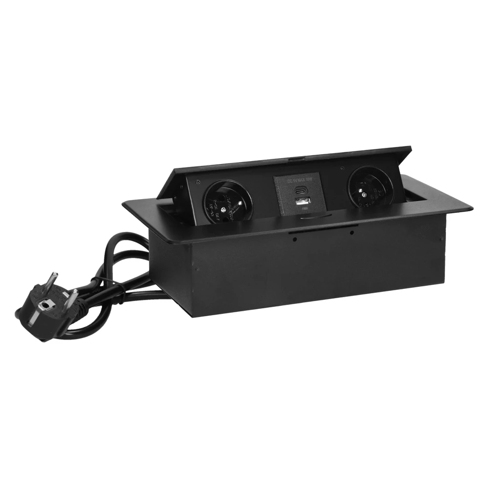 Orno Gniazda Baldų lizdai, įleidžiami į stalviršį, su plokščiu frezuotu kraštu, USB įkrovikliu ir 1,5 m laidu, 2x2P+Z, 2xUSB (A+C tipo; 3,6A), juodos spalvos
