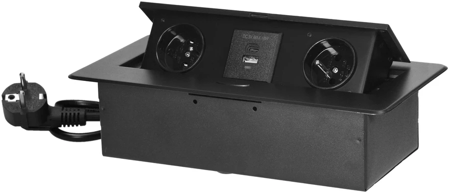 Orno Gniazda Baldų lizdai, įleidžiami į stalviršį, su plokščiu frezuotu kraštu, USB įkrovikliu ir 1,5 m laidu, 2x2P+Z, 2xUSB (A+C tipo; 3,6A), juodos spalvos