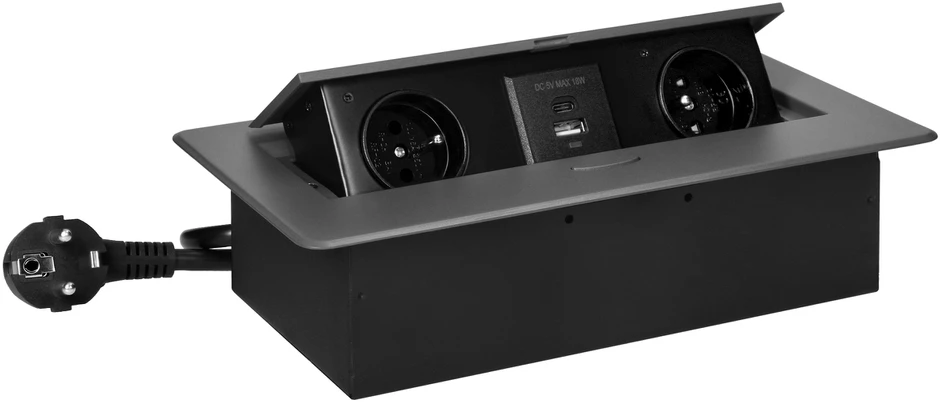 Orno Gniazda Baldų lizdai, įleidžiami į stalviršį, su plokščiu frezuotu kraštu, USB įkrovikliu ir 1,5 m laidu, 2x2P+Z, 2xUSB (A+C tipo; 3,6A), grafito spalvos