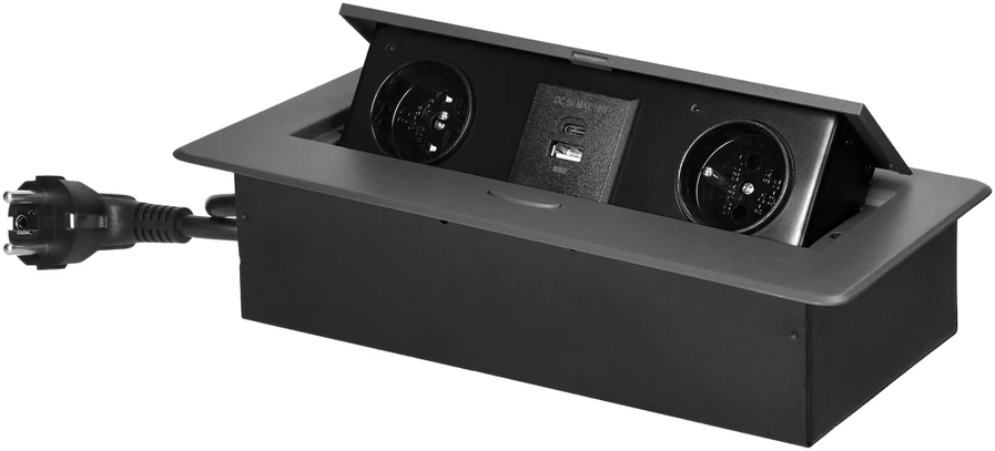 Orno Gniazda Baldų lizdai, įleidžiami į stalviršį, su plokščiu frezuotu kraštu, USB įkrovikliu ir 1,5 m laidu, 2x2P+Z, 2xUSB (A+C tipo; 3,6A), grafito spalvos
