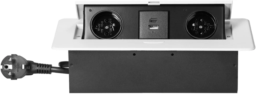 Orno Gniazda Baldų lizdai, įleidžiami į stalviršį, su plokščiu frezuotu kraštu, USB įkrovikliu ir 1,5 m laidu, 2x2P+Z, 2xUSB (A+C tipo; 3,6A), balti
