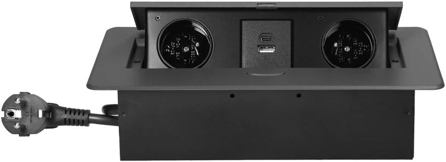 Orno Gniazda Baldų lizdai, įleidžiami į stalviršį, su plokščiu frezuotu kraštu, USB įkrovikliu ir 1,5 m laidu, 2x2P+Z, 2xUSB (A+C tipo; 3,6A), grafito spalvos