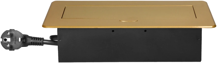 Orno Gniazda Į stalviršį įleidžiami baldų lizdai su plokščiu frezuotu kraštu, USB įkrovikliu ir 1,5 m laidu, 2x2P+Z, 2xUSB (A+C tipo; 3,6A), aukso spalvos