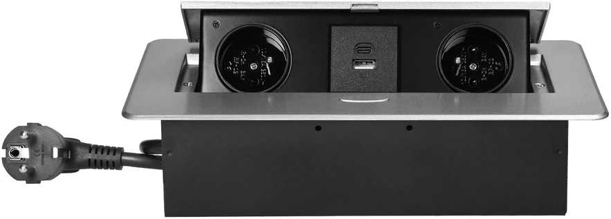 Orno Gniazda Į stalviršį įleidžiami baldų lizdai su plokščiu frezuotu kraštu, USB įkrovikliu ir 1,5 m laidu, 2x2P+Z, 2xUSB (A+C tipo; 3,6A), sidabrinės spalvos