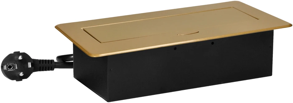Orno Gniazda Į stalviršį įleidžiami baldų lizdai su plokščiu frezuotu kraštu, USB įkrovikliu ir 1,5 m laidu, 2x2P+Z, 2xUSB (A+C tipo; 3,6A), aukso spalvos