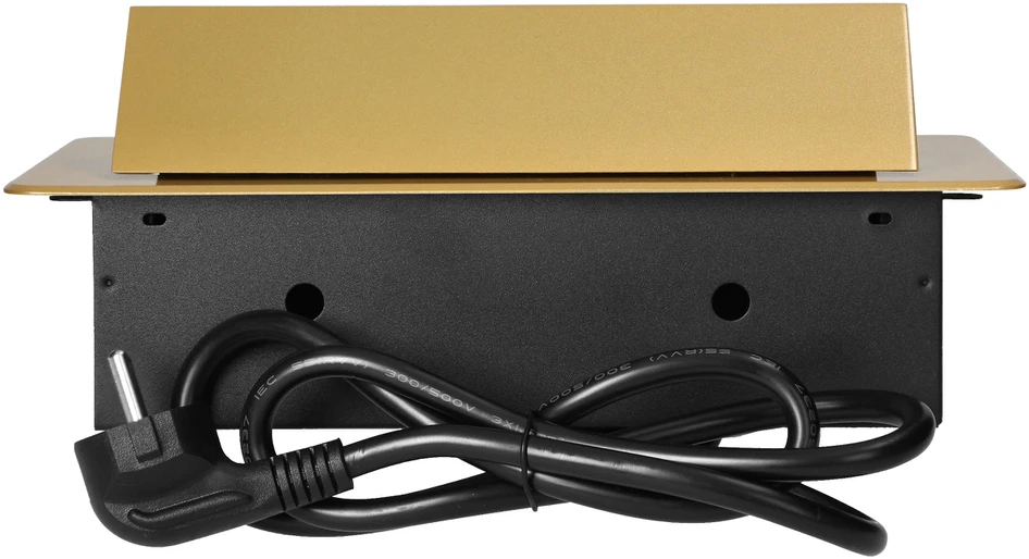 Orno Gniazda Į stalviršį įleidžiami baldų lizdai su plokščiu frezuotu kraštu, USB įkrovikliu ir 1,5 m laidu, 2x2P+Z, 2xUSB (A+C tipo; 3,6A), aukso spalvos