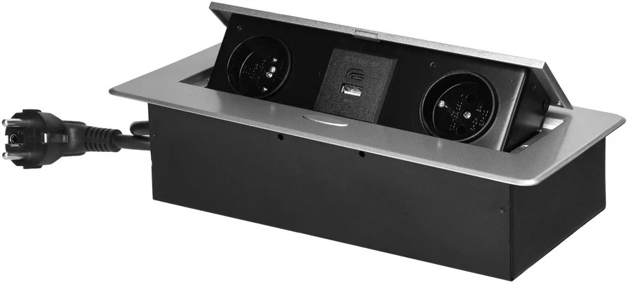 Orno Gniazda Į stalviršį įleidžiami baldų lizdai su plokščiu frezuotu kraštu, USB įkrovikliu ir 1,5 m laidu, 2x2P+Z, 2xUSB (A+C tipo; 3,6A), sidabrinės spalvos