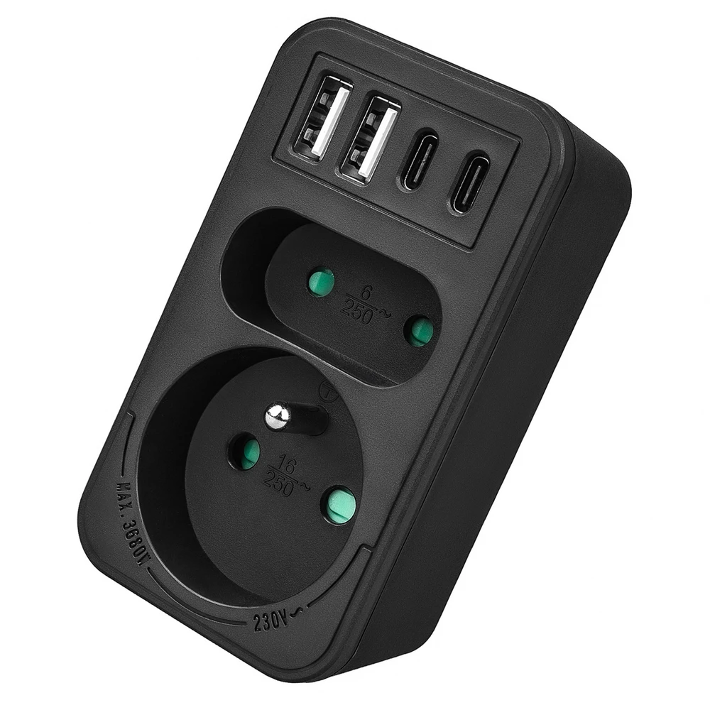 „Maclean“ srovės lizdas x2 + 4xUSB, skirstytuvas su 2 lizdais, 2xUSB A, 2xUSB C PD 20W, 1x16A + 1x6A, MCE249 F/B