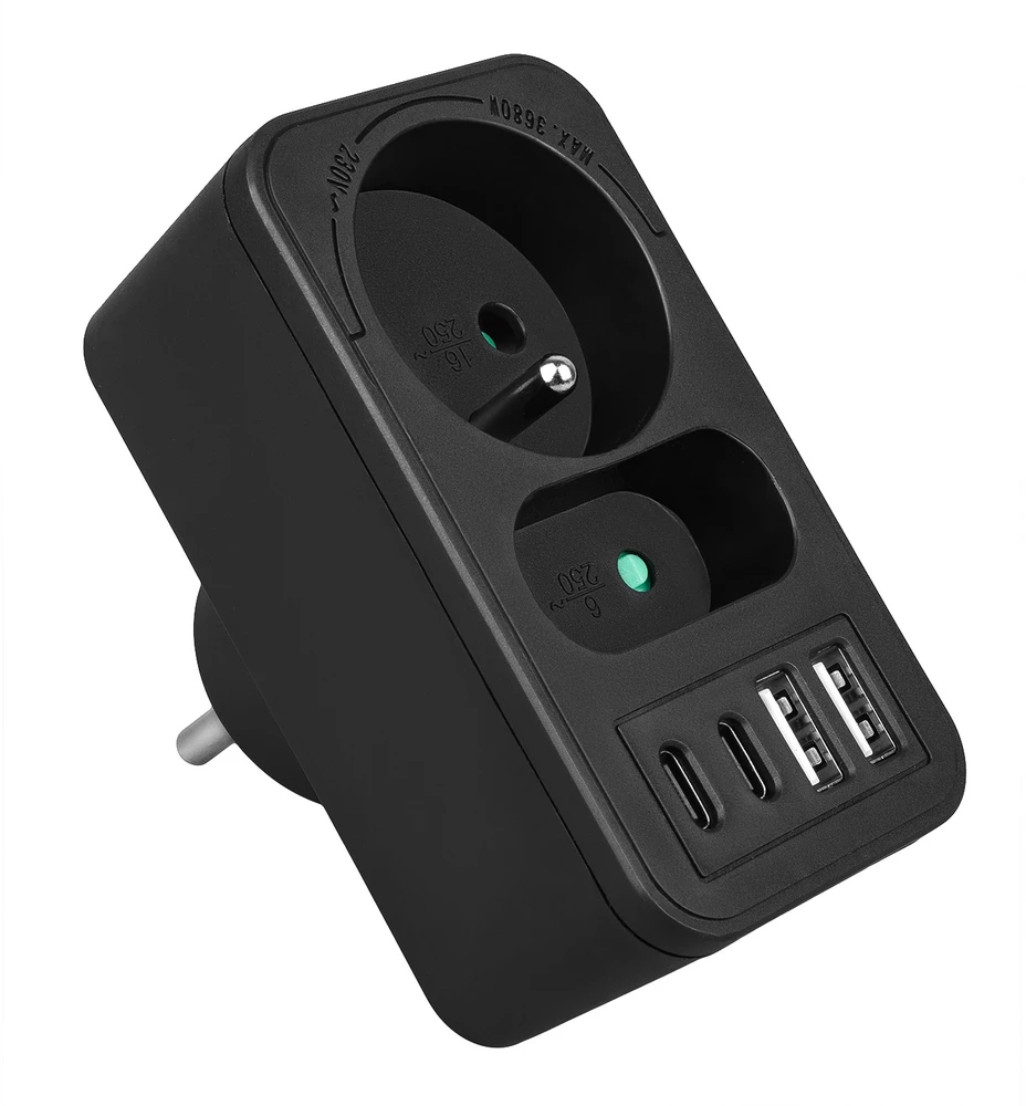 „Maclean“ srovės lizdas x2 + 4xUSB, skirstytuvas su 2 lizdais, 2xUSB A, 2xUSB C PD 20W, 1x16A + 1x6A, MCE249 F/B