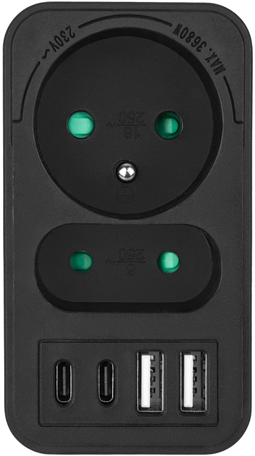 „Maclean“ srovės lizdas x2 + 4xUSB, skirstytuvas su 2 lizdais, 2xUSB A, 2xUSB C PD 20W, 1x16A + 1x6A, MCE249 F/B