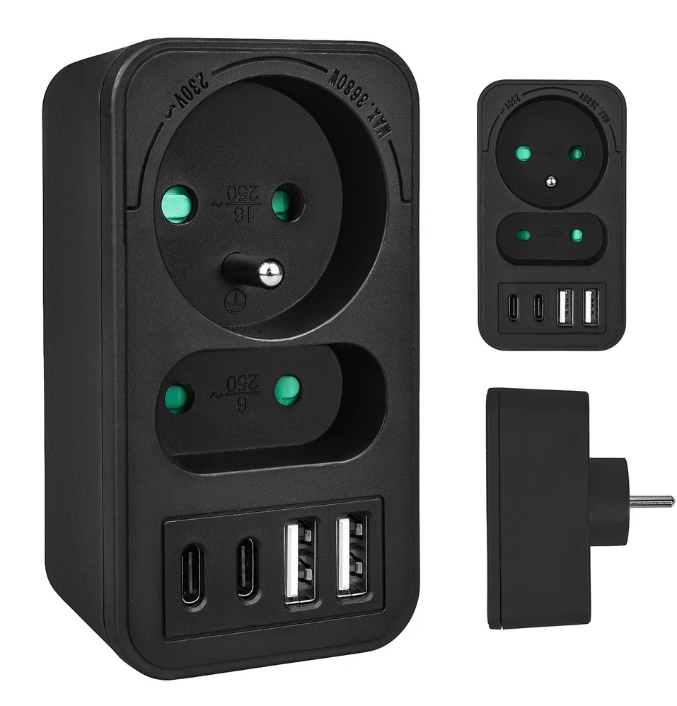 „Maclean“ srovės lizdas x2 + 4xUSB, skirstytuvas su 2 lizdais, 2xUSB A, 2xUSB C PD 20W, 1x16A + 1x6A, MCE249 F/B