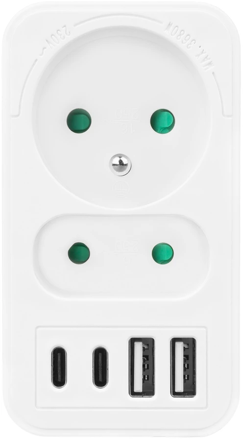 Srovės lizdai x2 + 4xUSB Maclean, skirstytuvas su 2 lizdais, 2xUSB A, 2xUSB C PD 20W, 1x16A + 1x6A, MCE249 F/W