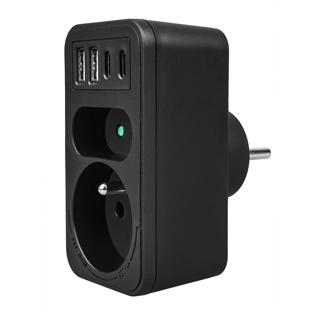 „Maclean“ srovės lizdas x2 + 4xUSB, skirstytuvas su 2 lizdais, 2xUSB A, 2xUSB C PD 20W, 1x16A + 1x6A, MCE249 F/B
