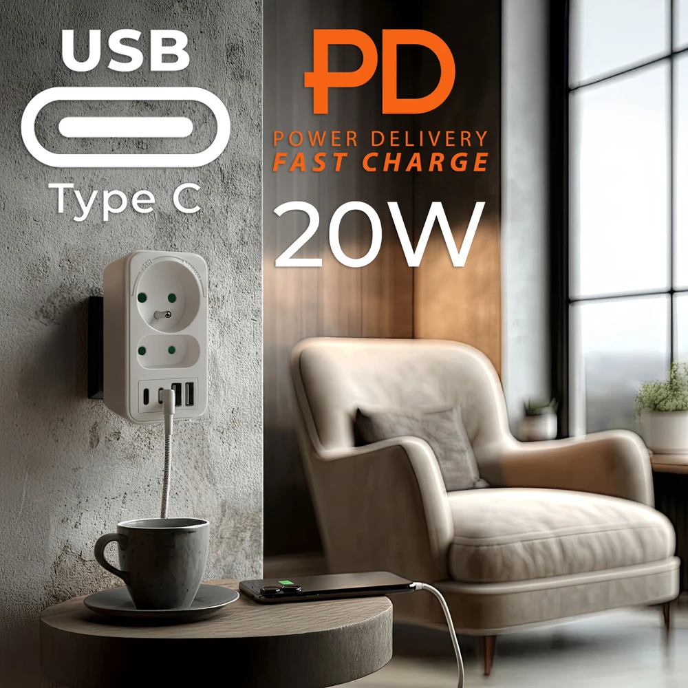 Srovės lizdai x2 + 4xUSB Maclean, skirstytuvas su 2 lizdais, 2xUSB A, 2xUSB C PD 20W, 1x16A + 1x6A, MCE249 F/W