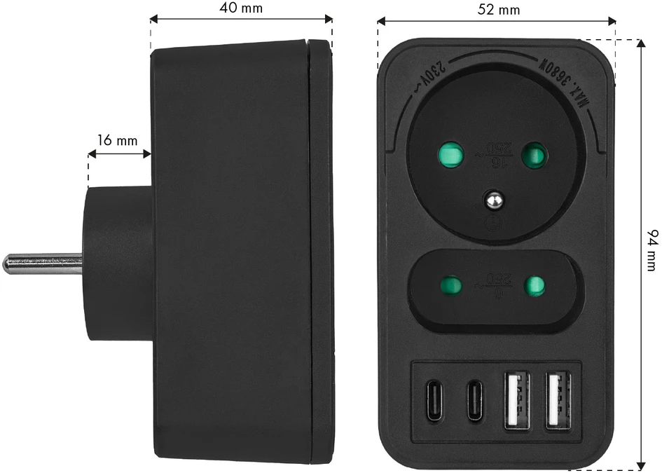 „Maclean“ srovės lizdas x2 + 4xUSB, skirstytuvas su 2 lizdais, 2xUSB A, 2xUSB C PD 20W, 1x16A + 1x6A, MCE249 F/B