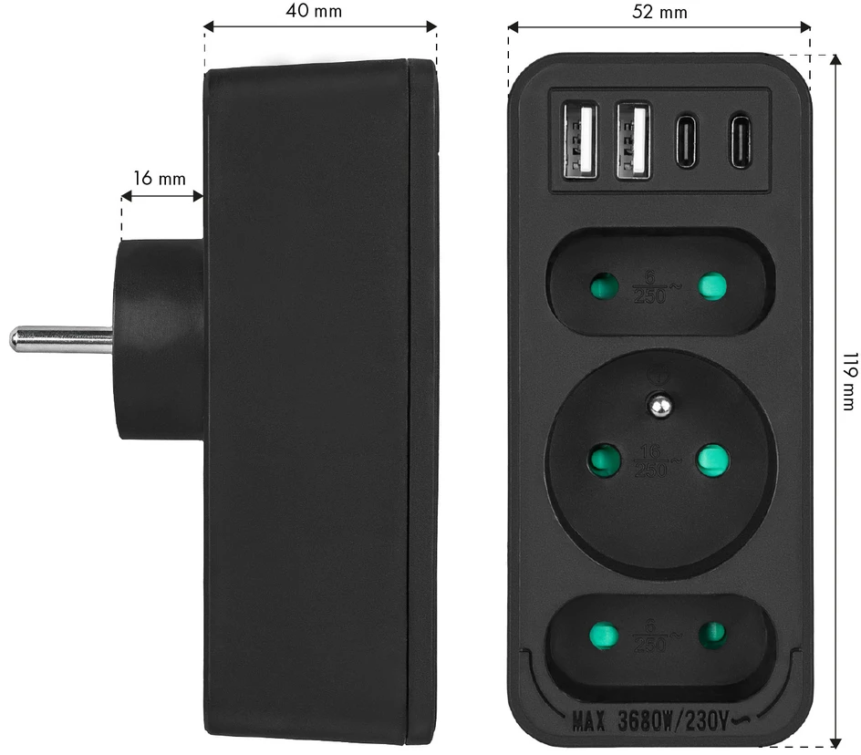 Srovės lizdai x3 + 4xUSB Maclean, skirstytuvas su 3 lizdais, 2xUSB A, 2xUSB C PD 20W, 1x16A + 2x6A, MCE248 F/B