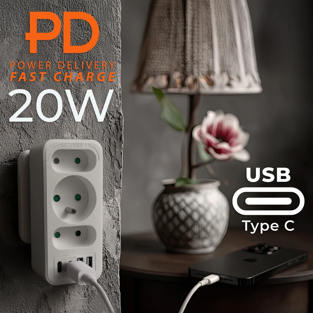 Srovės lizdai x3 + 4xUSB Maclean, skirstytuvas su 3 lizdais, 2xUSB A, 2xUSB C PD 20W, 1x16A + 2x6A, MCE248 F/W