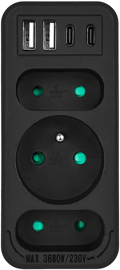 Srovės lizdai x3 + 4xUSB Maclean, skirstytuvas su 3 lizdais, 2xUSB A, 2xUSB C PD 20W, 1x16A + 2x6A, MCE248 F/B
