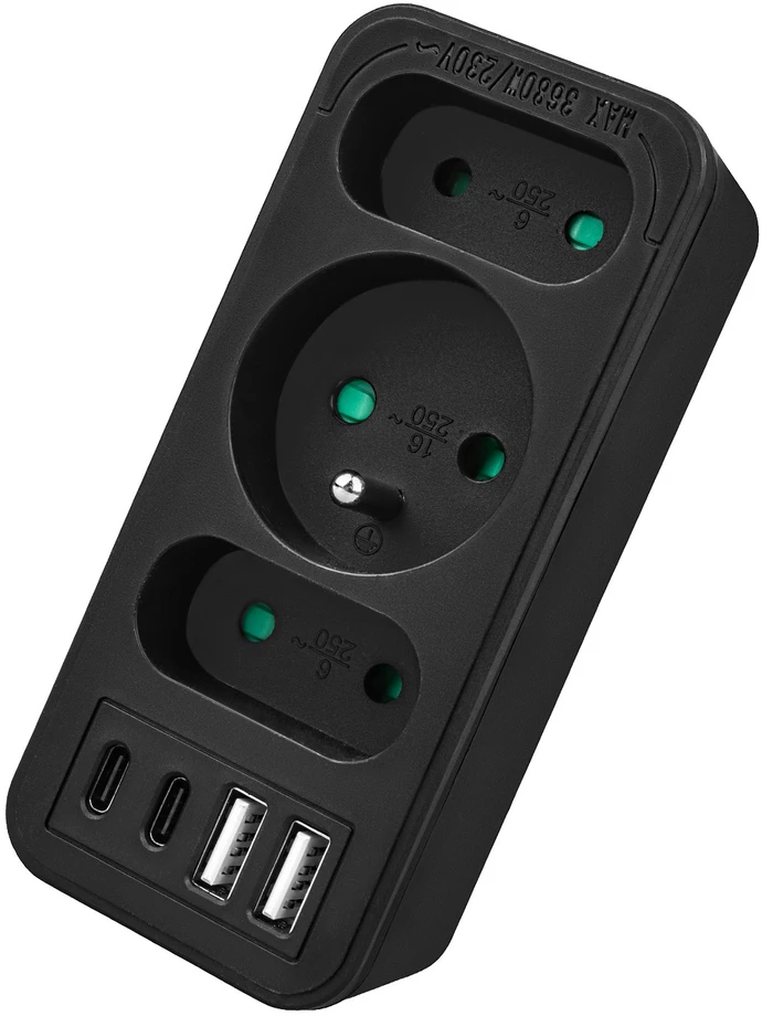 Srovės lizdai x3 + 4xUSB Maclean, skirstytuvas su 3 lizdais, 2xUSB A, 2xUSB C PD 20W, 1x16A + 2x6A, MCE248 F/B