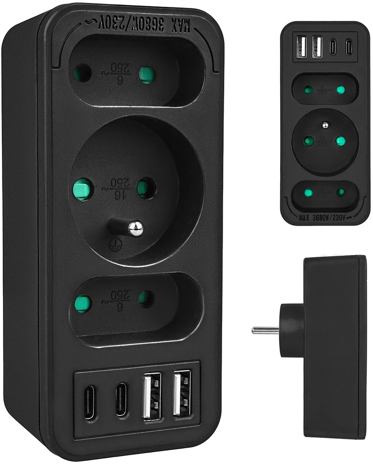 Srovės lizdai x3 + 4xUSB Maclean, skirstytuvas su 3 lizdais, 2xUSB A, 2xUSB C PD 20W, 1x16A + 2x6A, MCE248 F/B