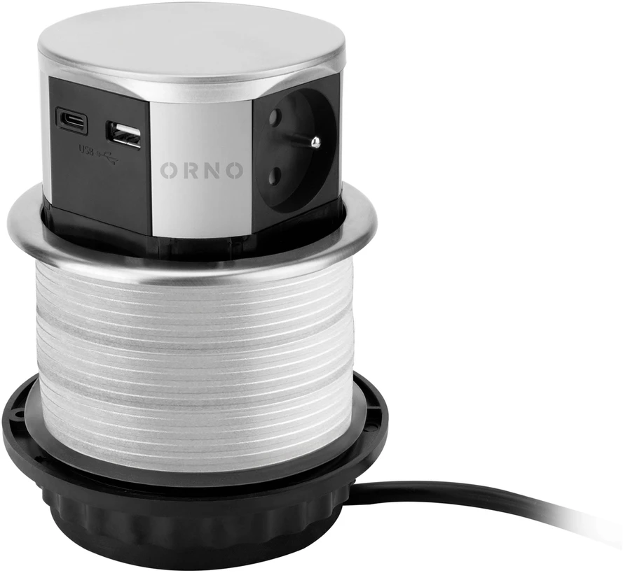 Orno Lizdas Baldinis lizdas Ø10cm, ištraukiamas iš stalviršio, su USB įkrovikliu ir 1,5m laidu, 3x2P+Z (prancūziškas), 2xUSB (A+C tipo; maks. 3A), sidabrinis